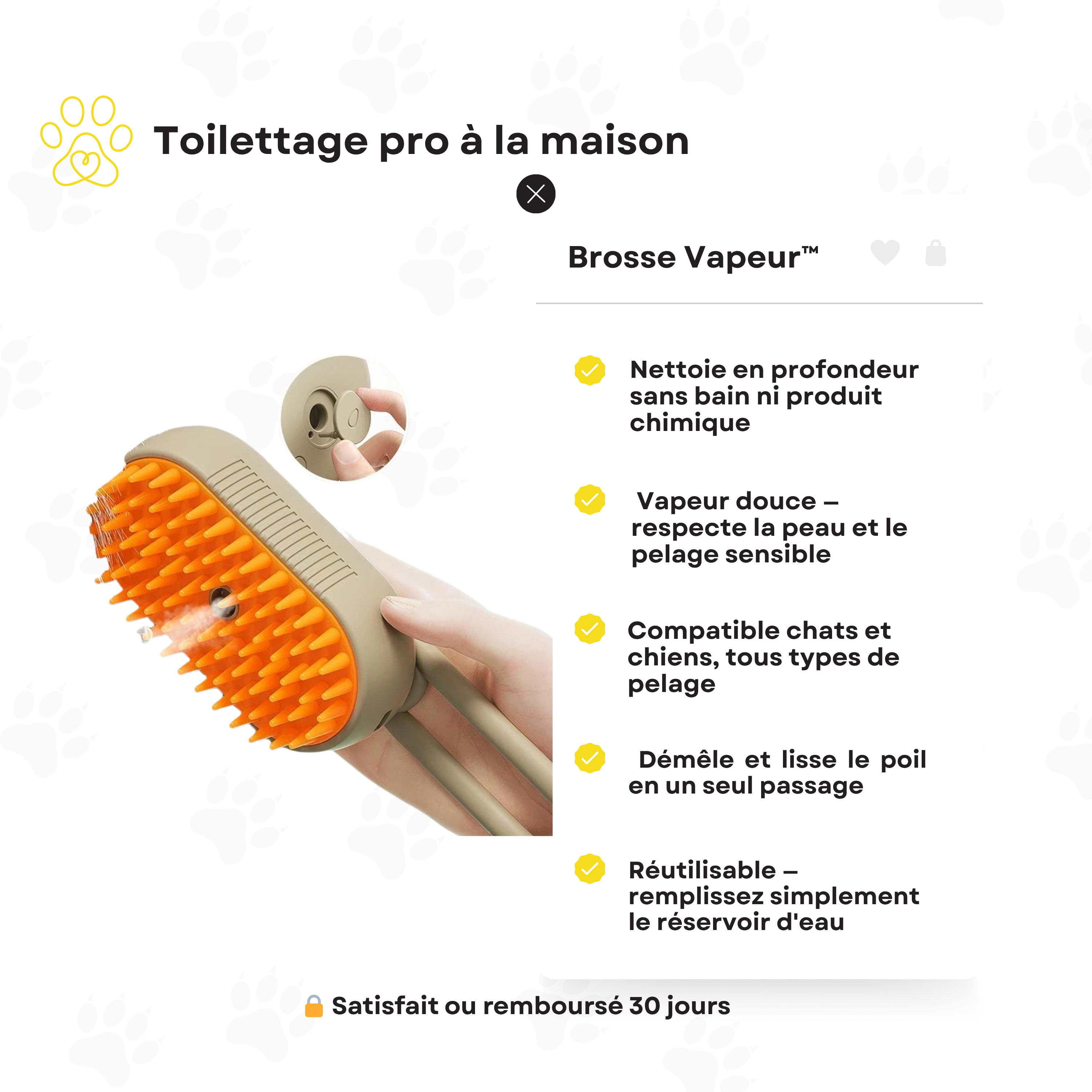 Brosse Vapeur™ — Toilettage sans bain pour chats et chiens